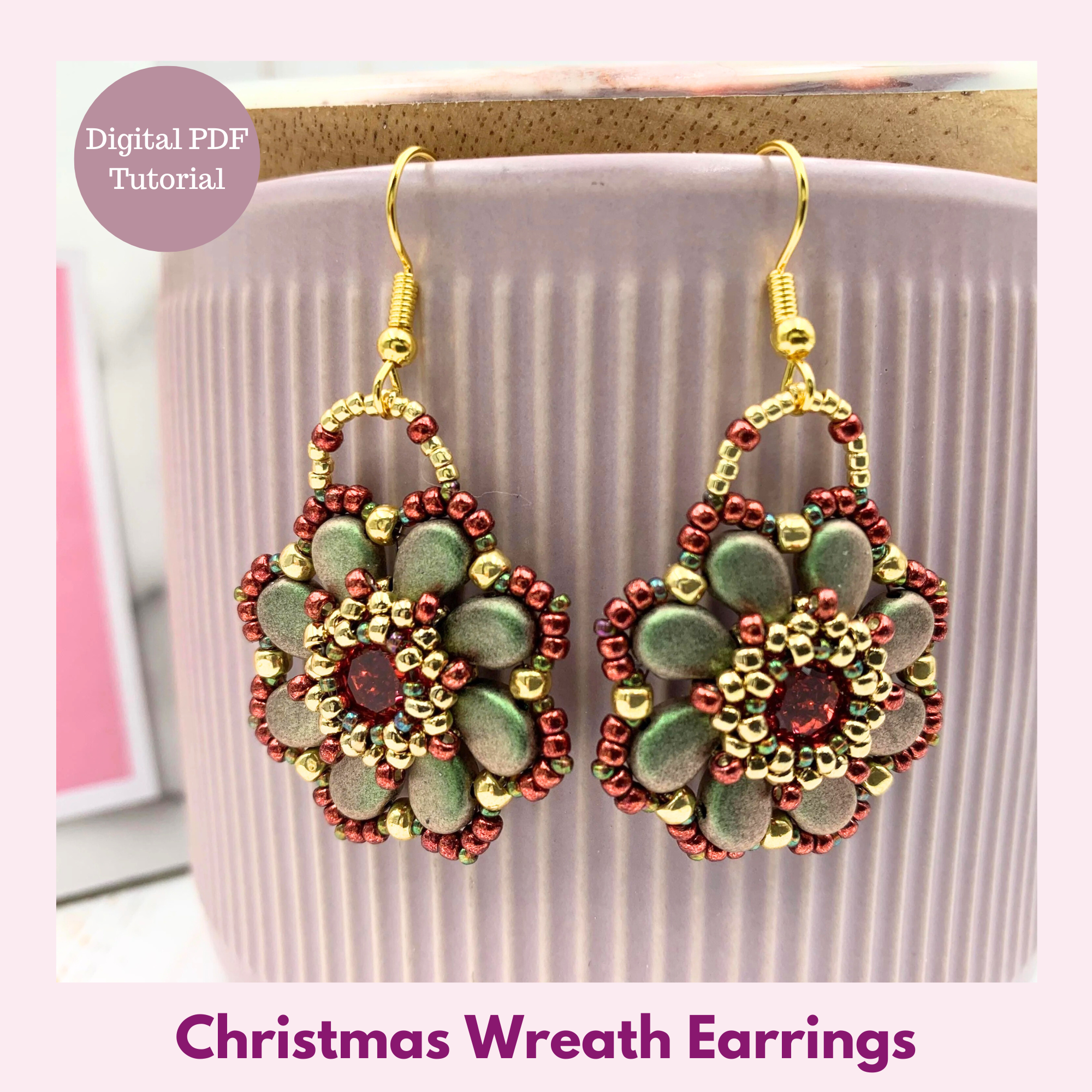 Christmas Wreath Earrings — Festive Beading PDF Tutorial | Paisley Duo Beads